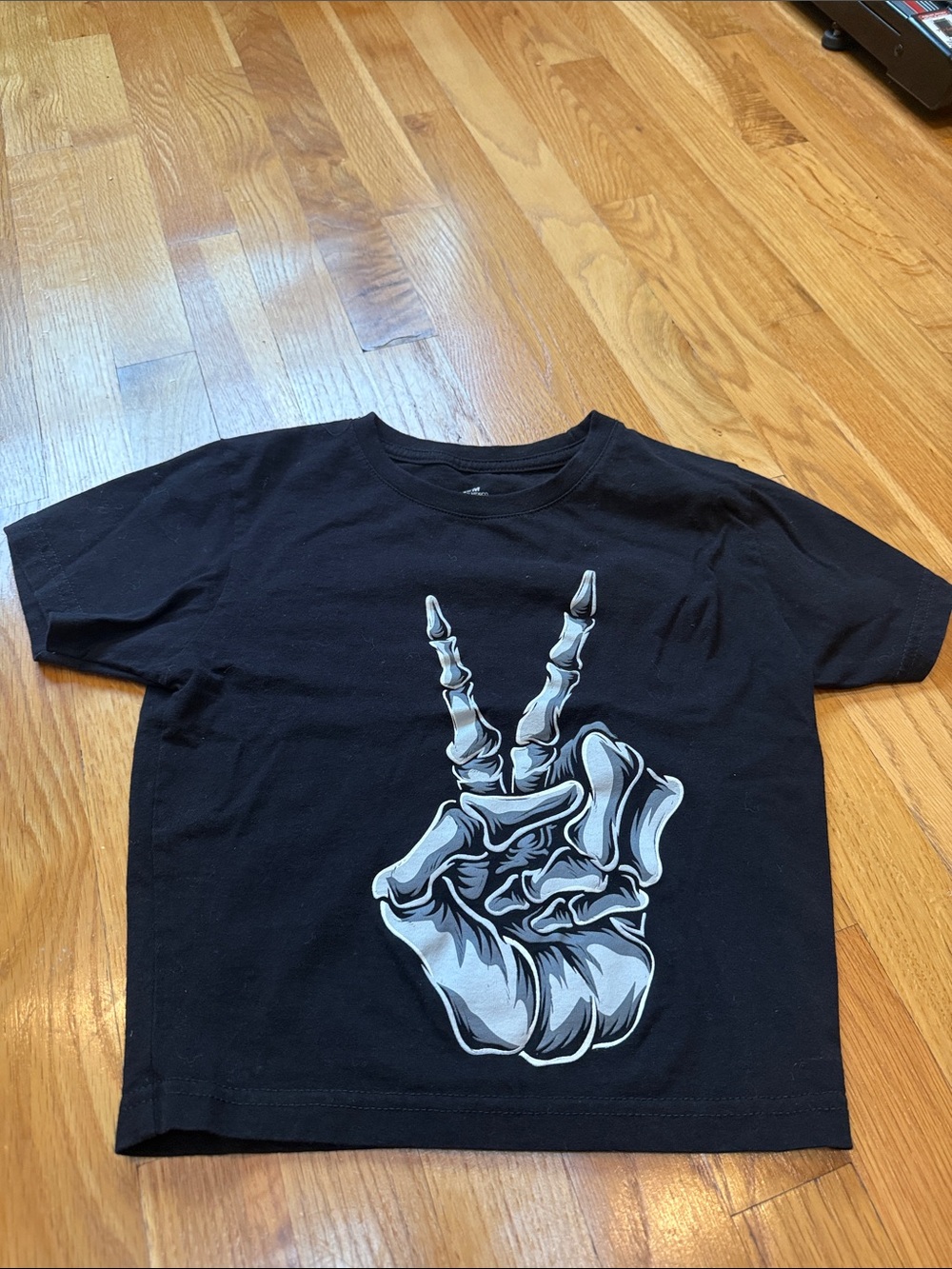 Kids Black Graphic Tee with Skeleton Peace Hand